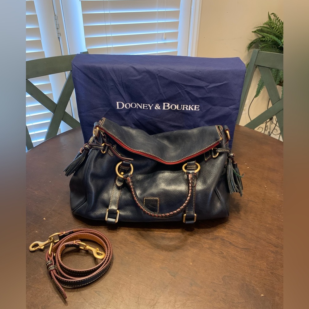 Dooney & Bourke Navy Florentine Large Leather Tasseled Satchel Bag.
